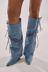 AKIRA GOLD MANTIGNA DENIM WEDGE BOOT
