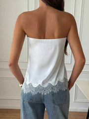 French Satin Lace Patchwork Hem Elegant Sexy Bandeau Top, Beach Vacation, Travel Outfit Summer - Coffee Brown