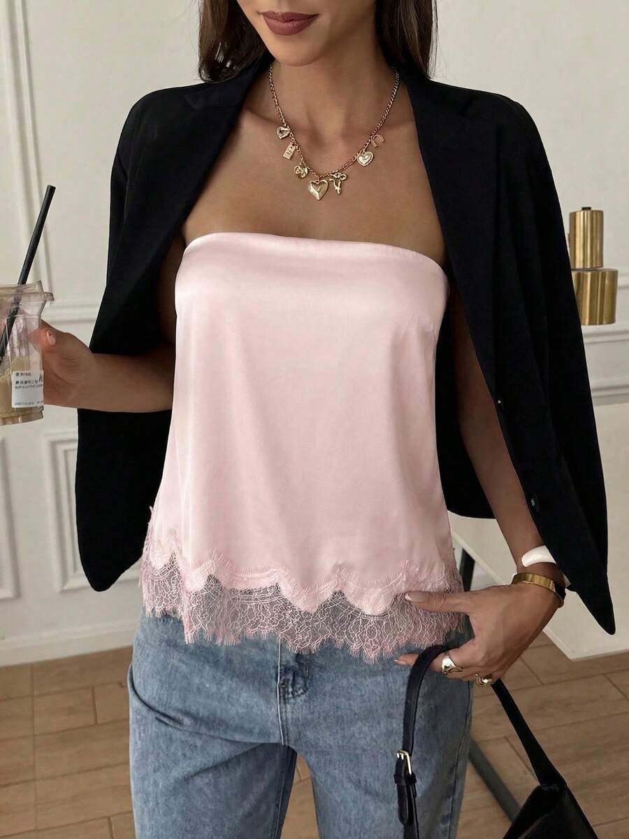 French Satin Lace Patchwork Hem Elegant Sexy Bandeau Top, Beach Vacation, Travel Outfit Summer - Light Yellow