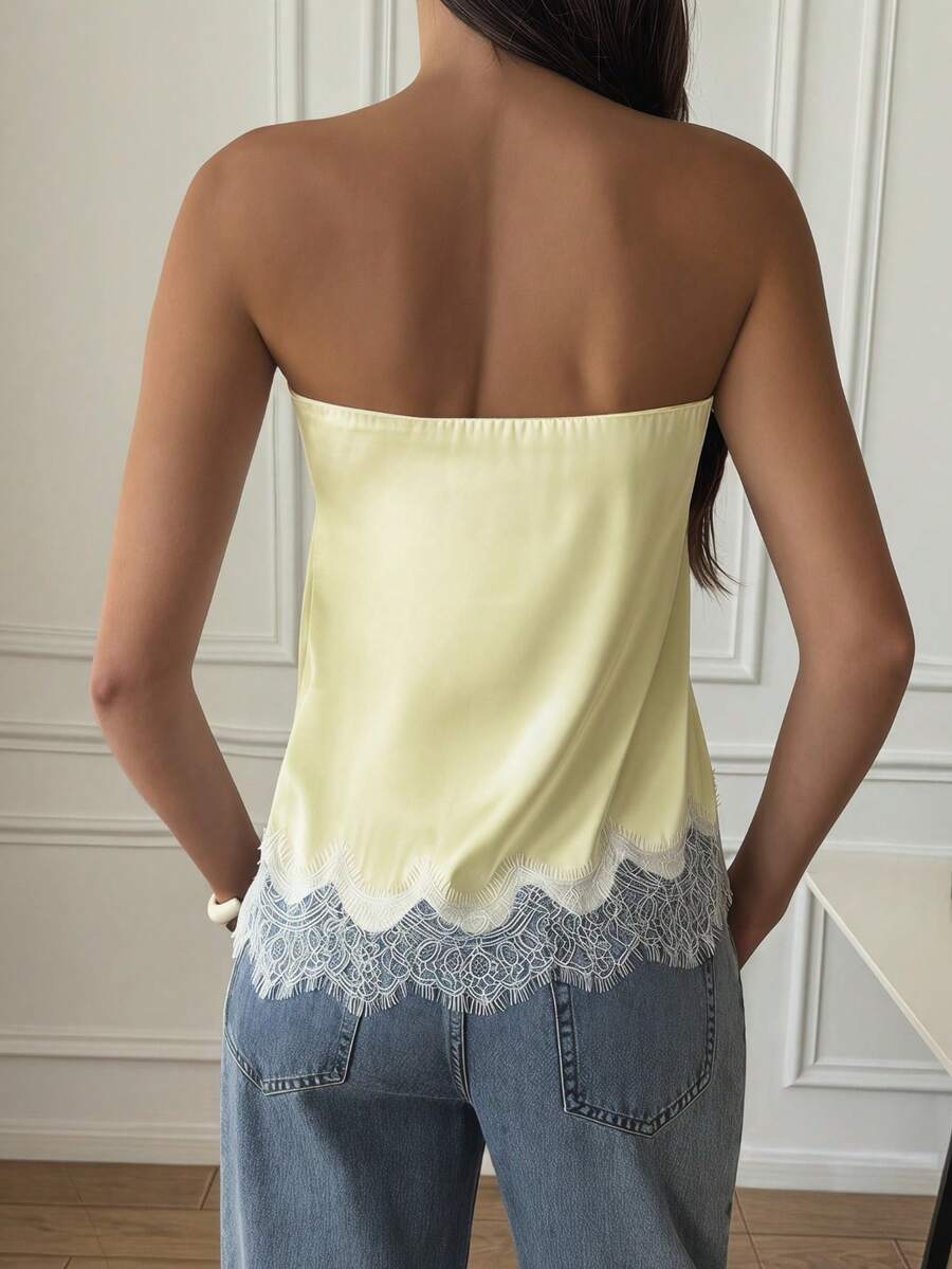 French Satin Lace Patchwork Hem Elegant Sexy Bandeau Top, Beach Vacation, Travel Outfit Summer