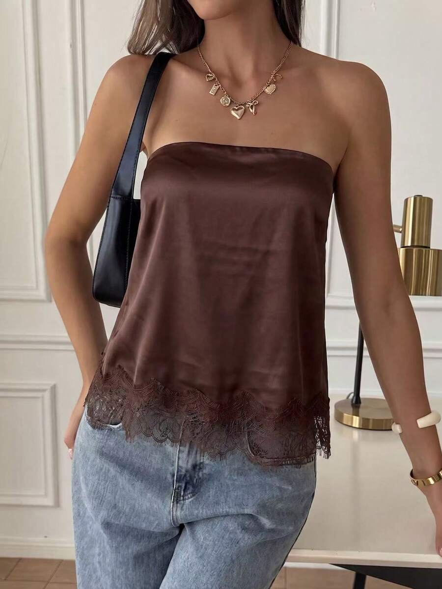 French Satin Lace Patchwork Hem Elegant Sexy Bandeau Top, Beach Vacation, Travel Outfit Summer