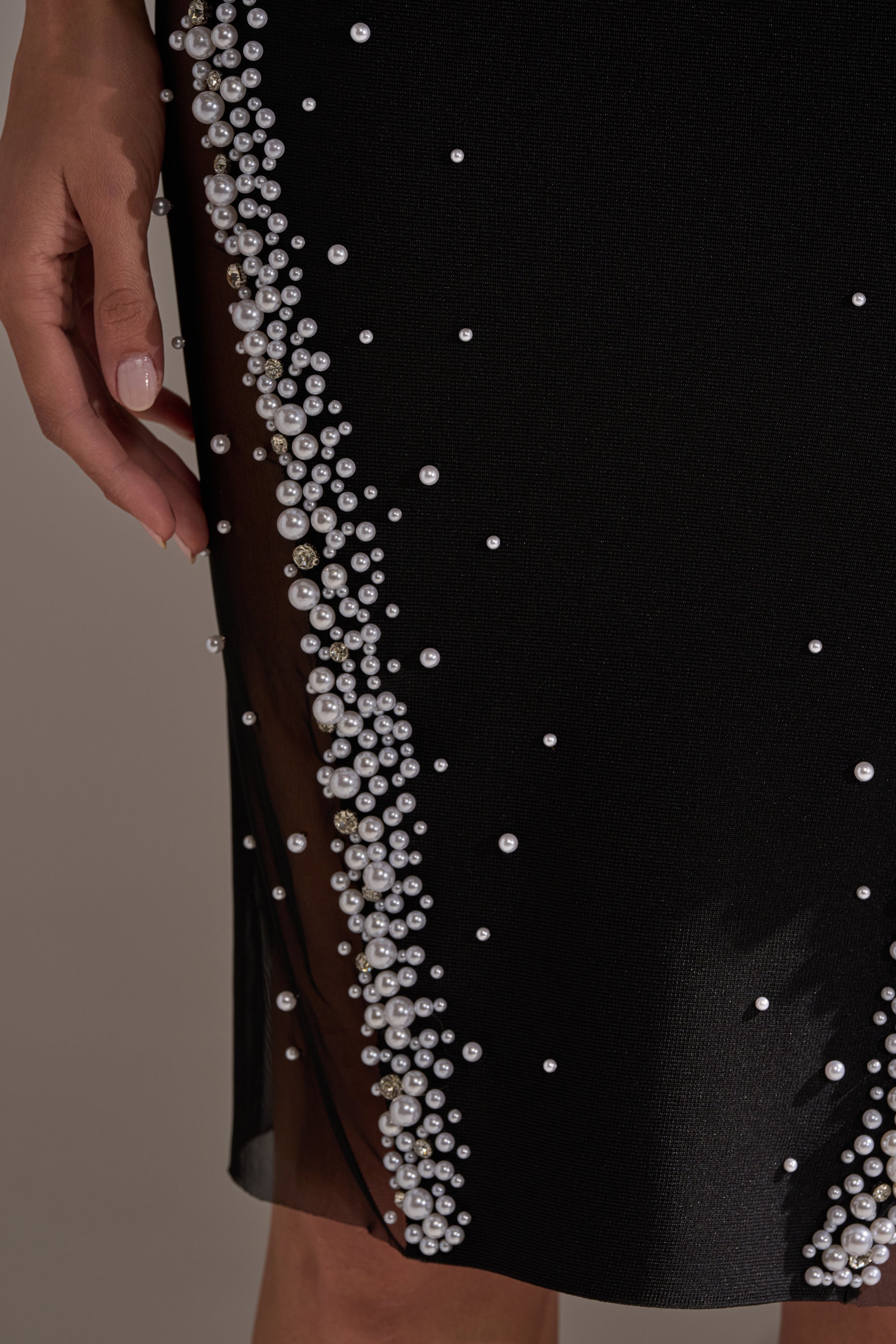 CHAMPAGNE EDIT RHINESTONE MIDI DRESS