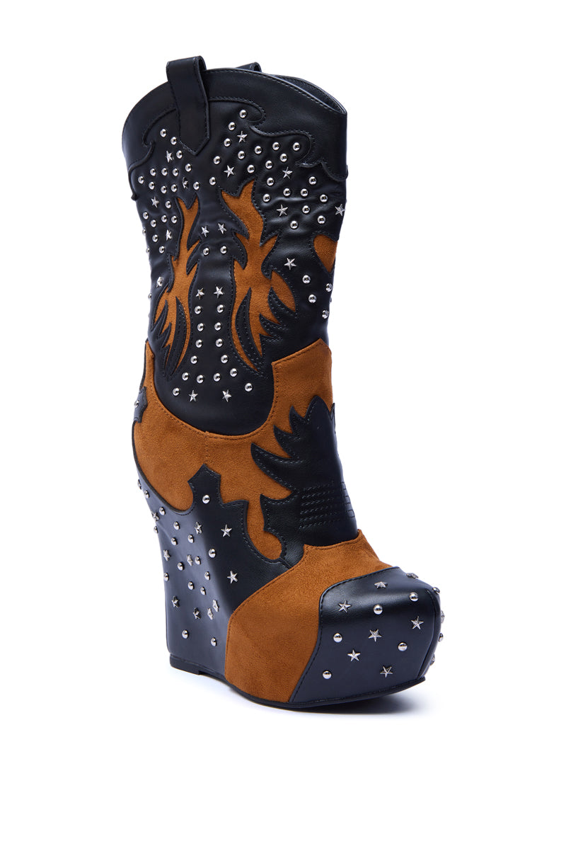 AZALEA WANG CALLIA BLACK MULTI WESTERN WEDGE BOOTIE