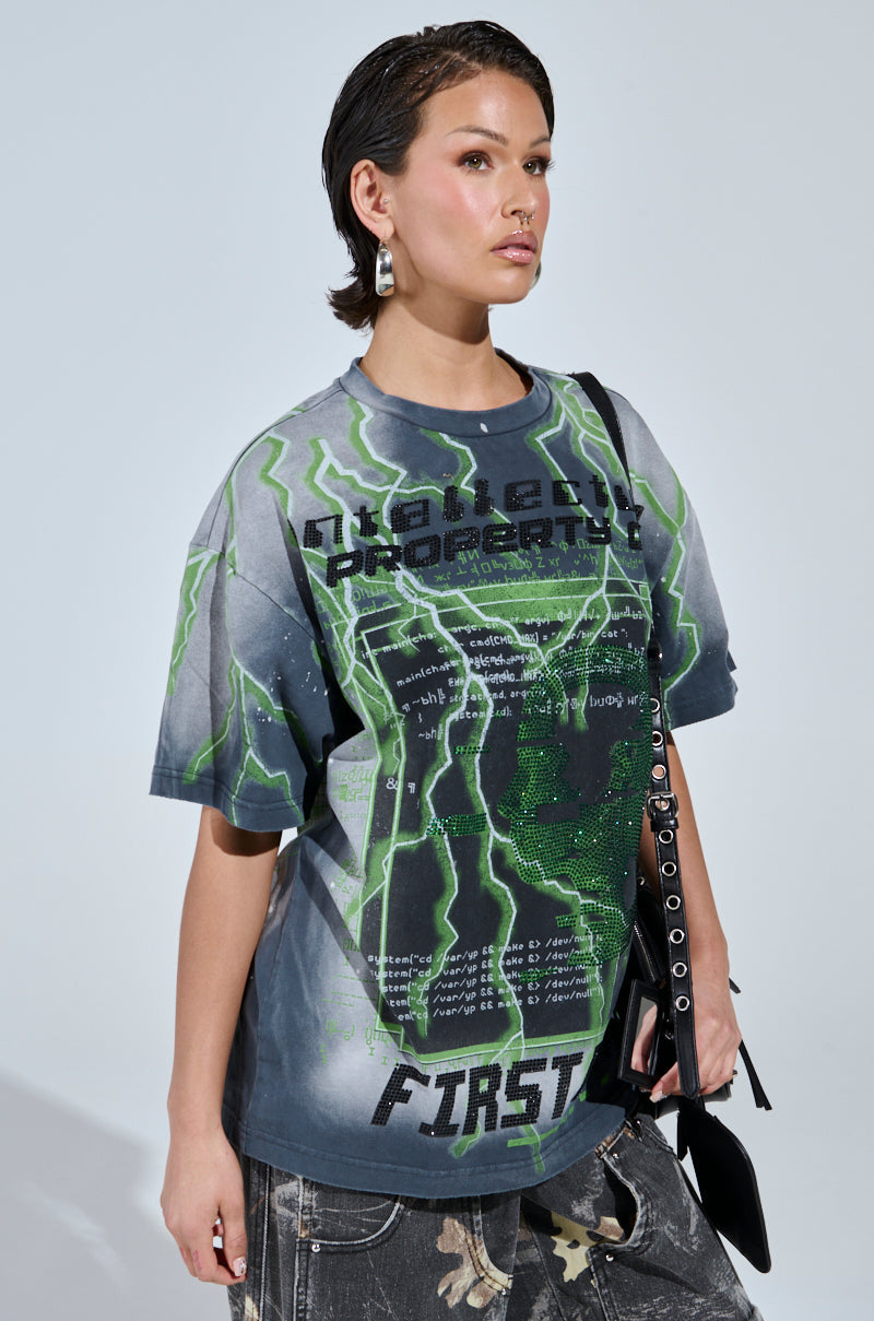 FIRST ONE HERE OVERSIZED GRAPHIC TEE