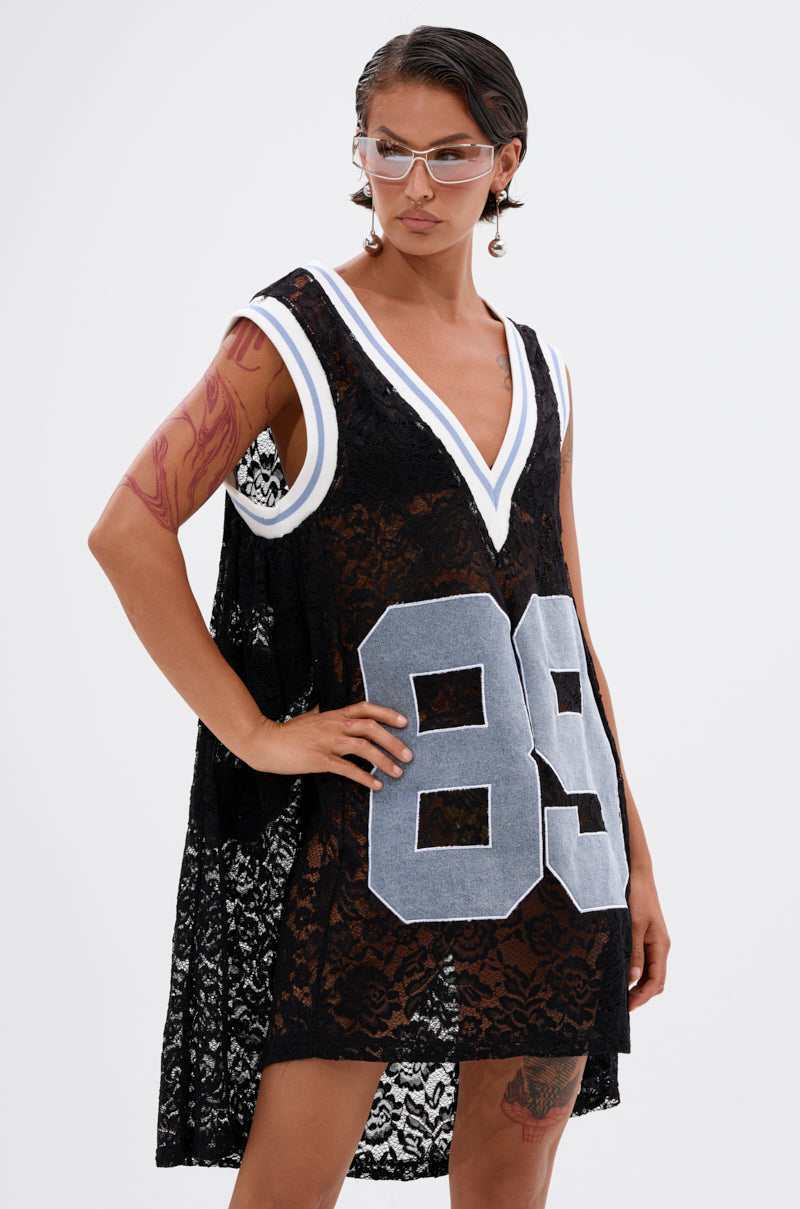 ON THE SIDELINES LACE JERSEY MINI DRESS WITH DENIM
