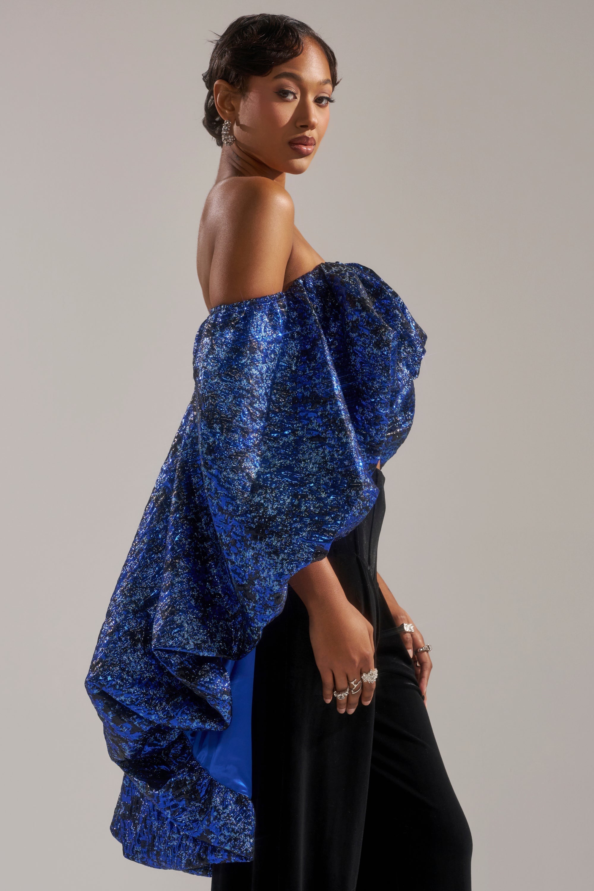 MELANI OFF THE SHOULDER HI-LOW BROCADE BLOUSE