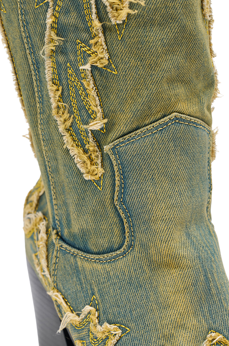 AZALEA WANG HEINRICH DENIM WESTERN LOW HEEL BOOT