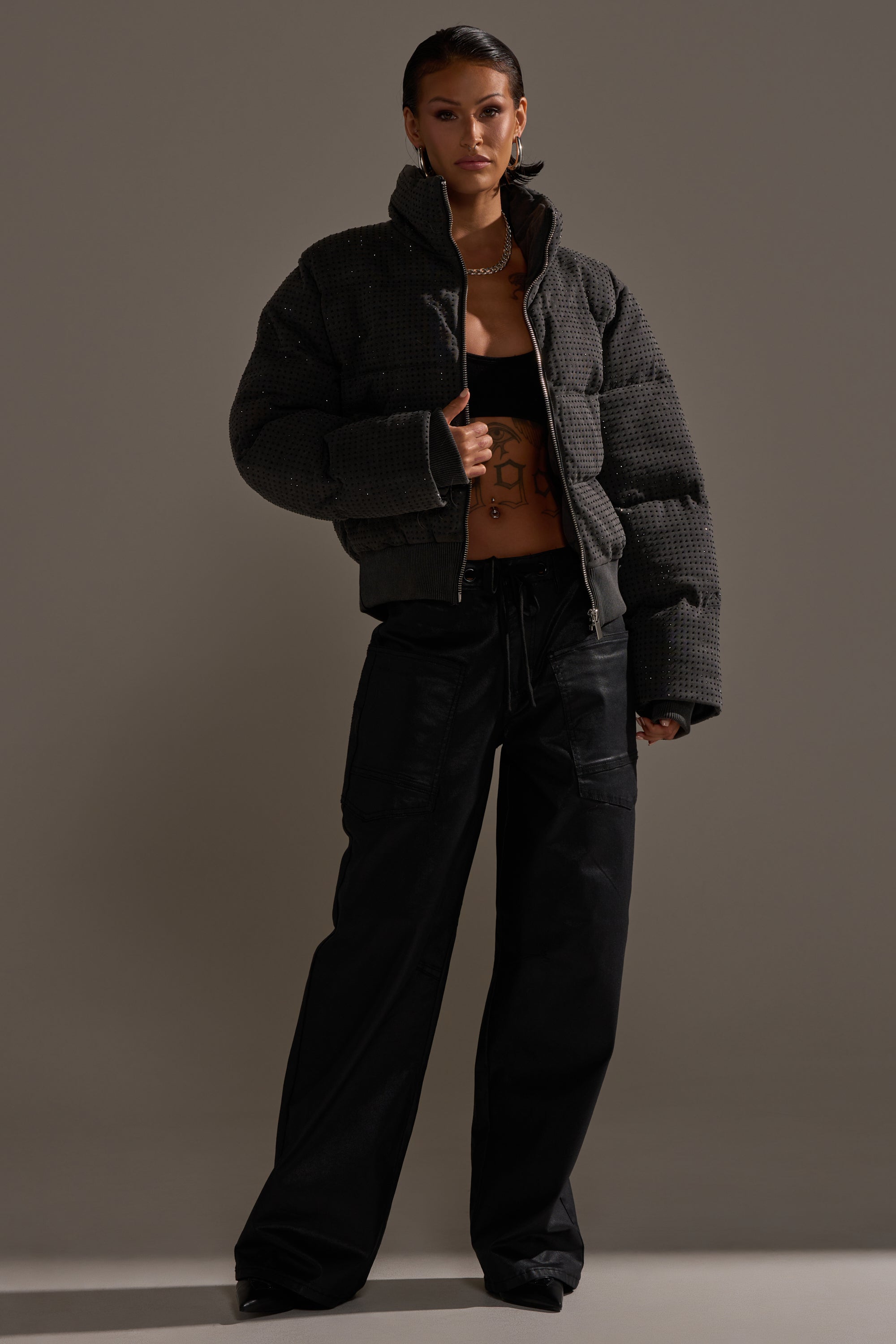 DONT GIVE UP COATED WIDE LEG DENIM WITH GROMMET