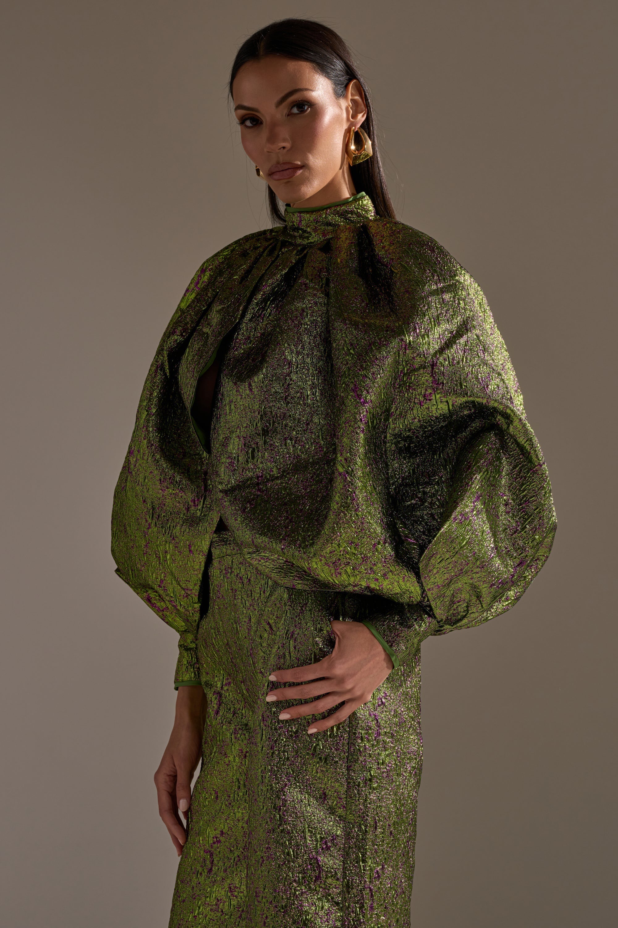 LAYLA BROCADE PUFF SLEEVE MOCK NECK TOP