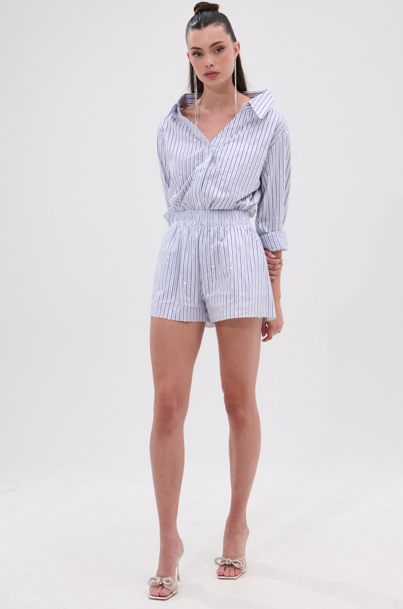 NOTHING BETTER STRIPE BUTTON DOWN WITH RHINESTONE