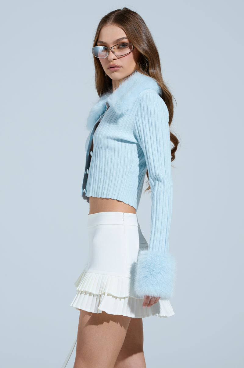 ANGEL EYES FUR TRIM CARDIGAN IN BLUE