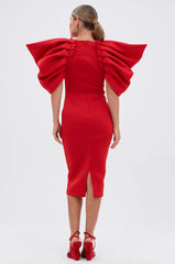 PURE JOY MIDI DRESS WITH DRAMATIC SLEEVE IN RED
