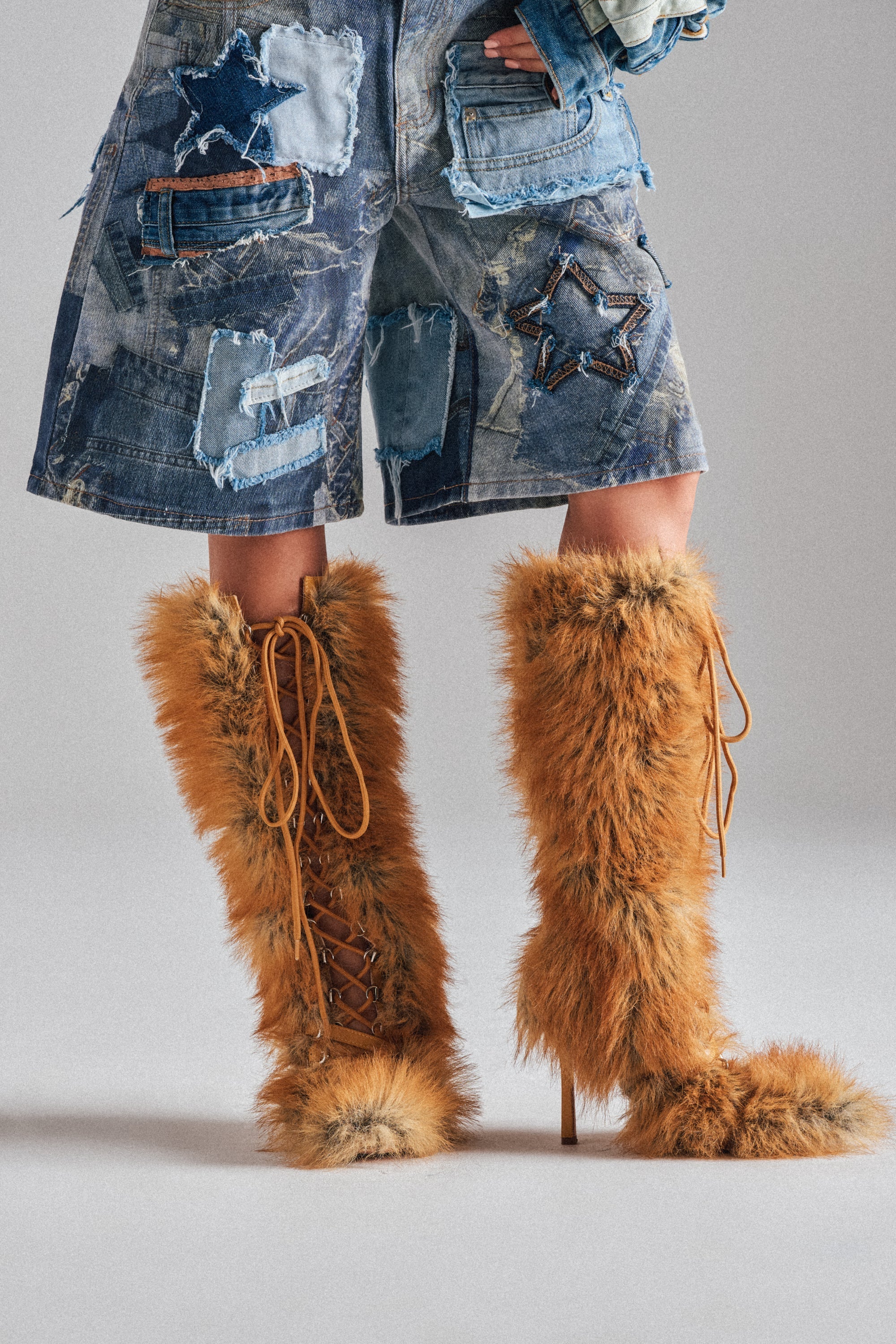 AZALEA WANG LOURDANNE TAN FUR LACE UP STILETTO BOOT