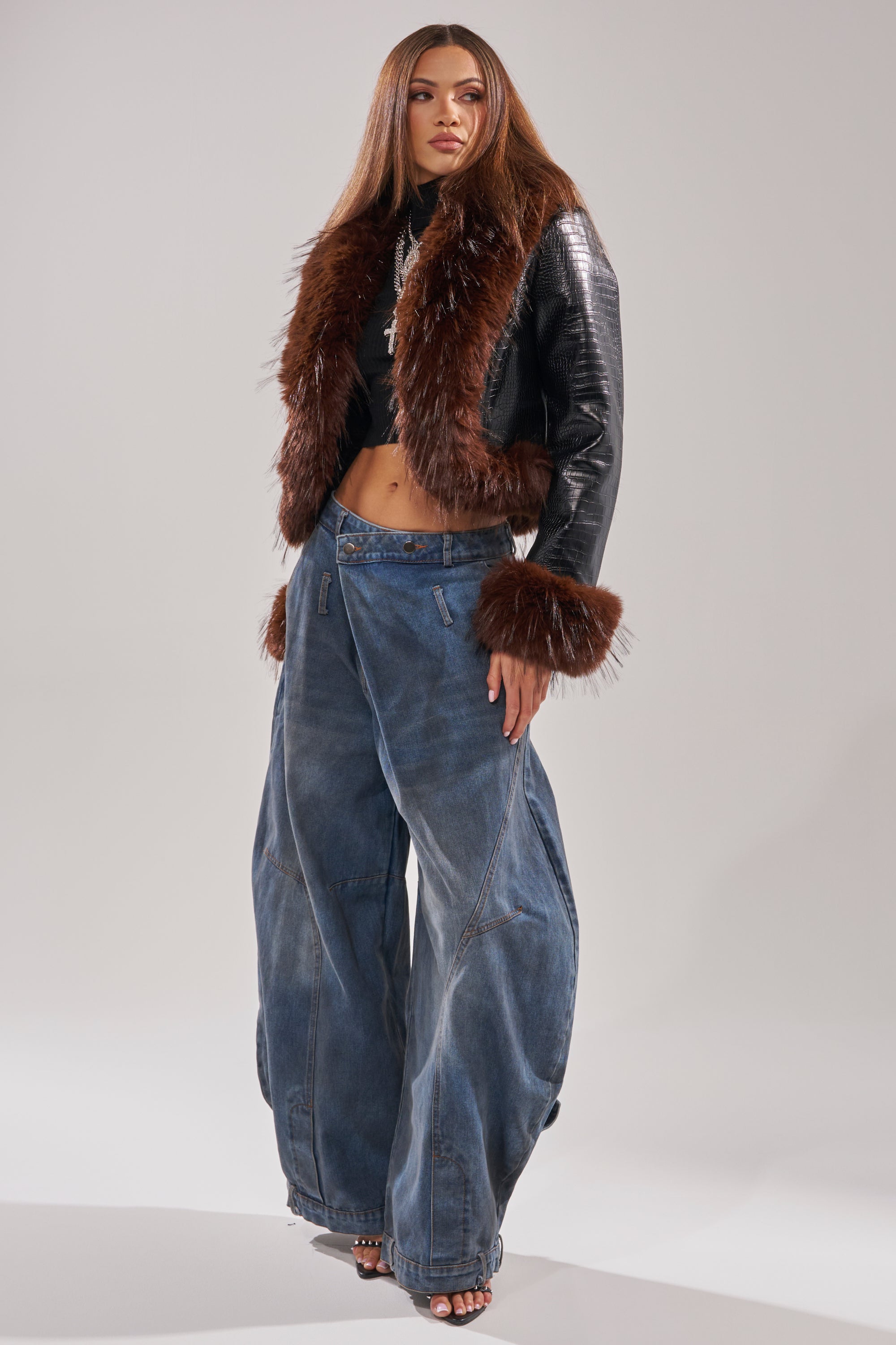 LUNNA FUR TRIM MOTO IN BLACK CROC