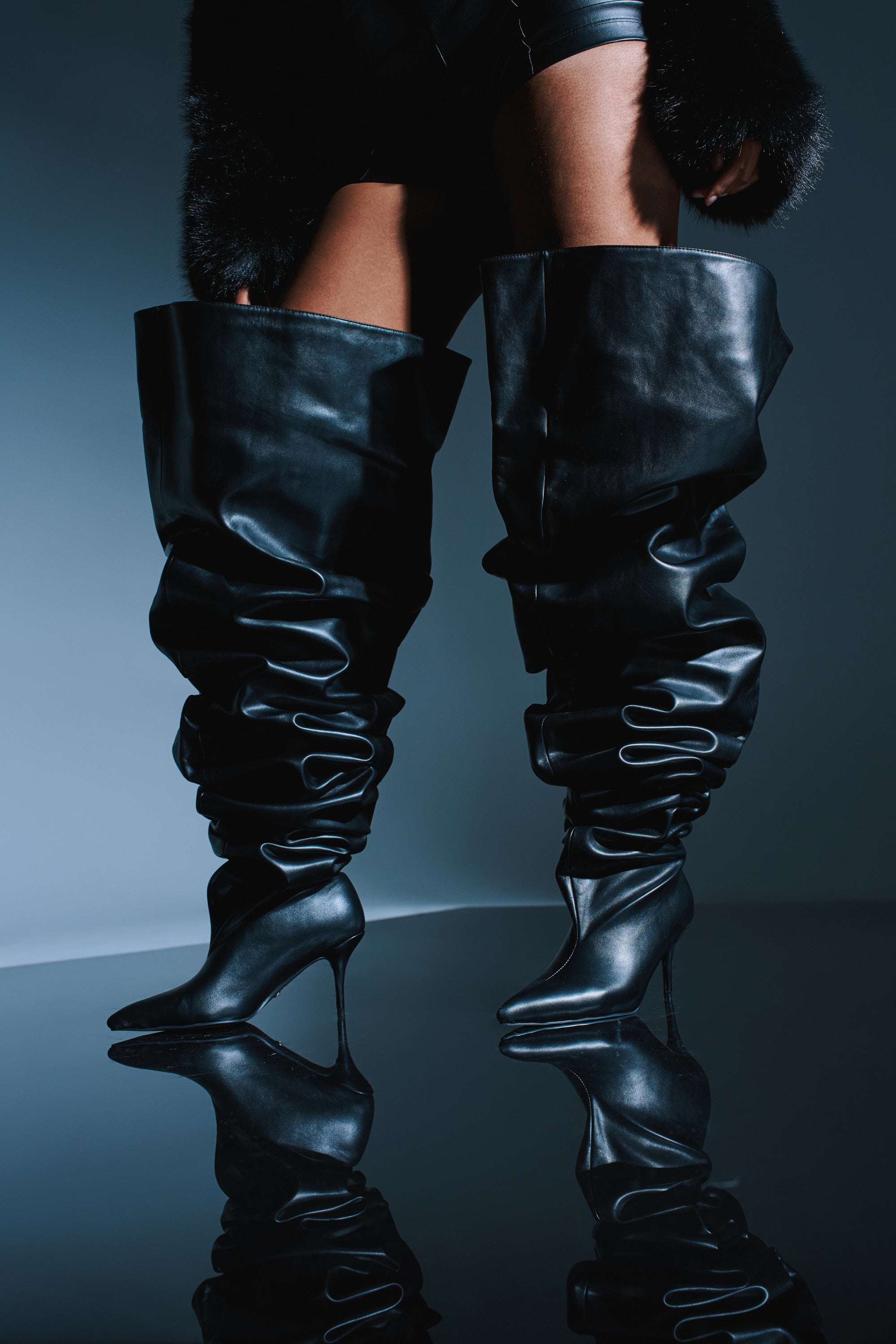 AZALEA WANG NEMY BLACK KITTEN HEEL THIGH HIGH BOOT