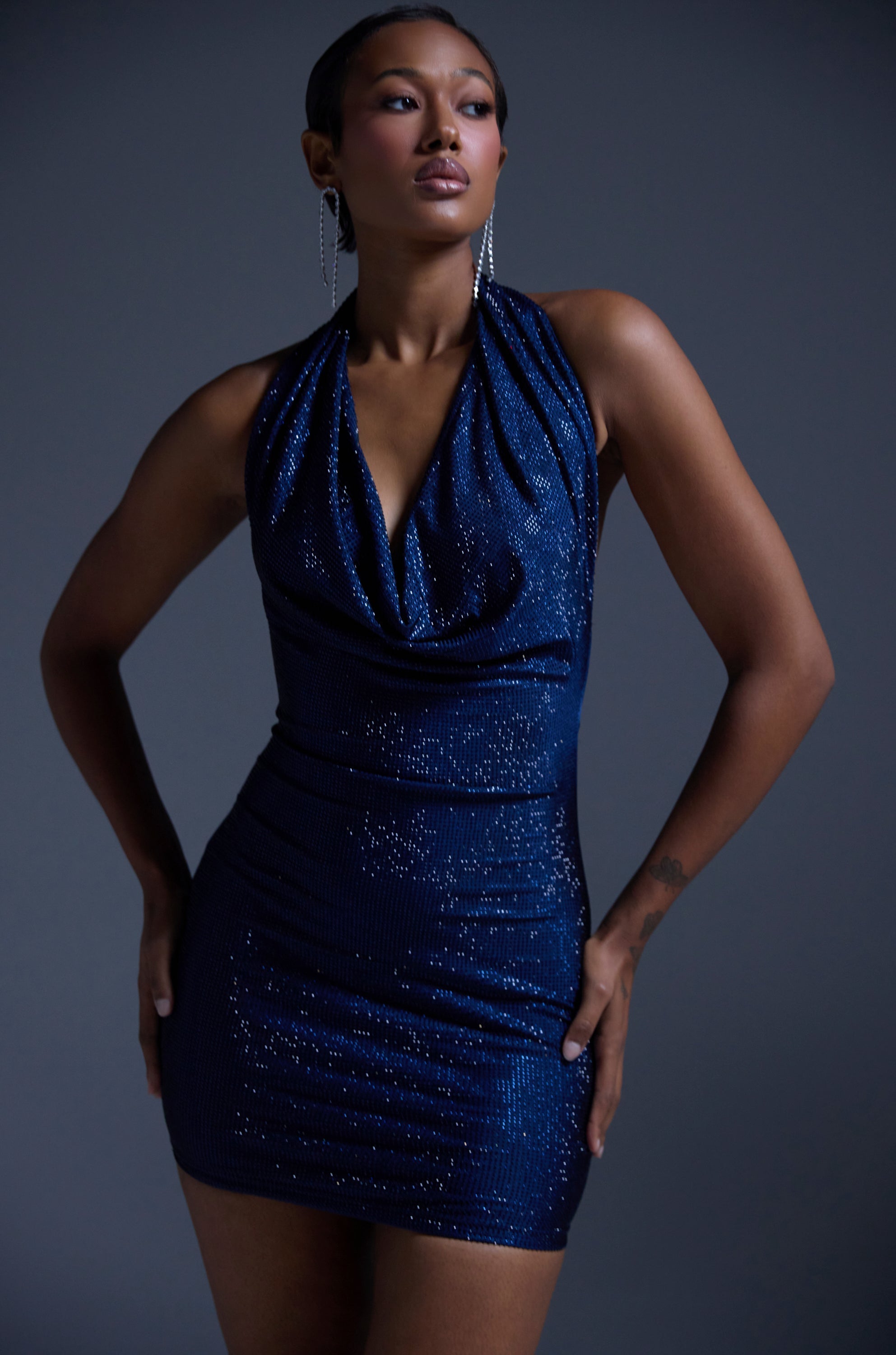 HEARTBREAKER RHINESTONE MINI DRESS IN NAVY
