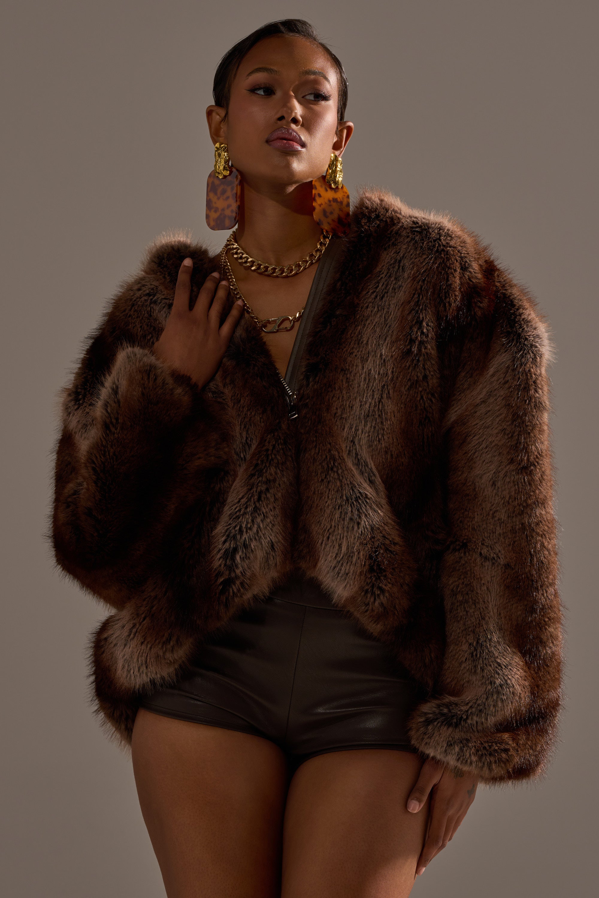 NATURAL INSTINCTS HOODED FUR BOMBER