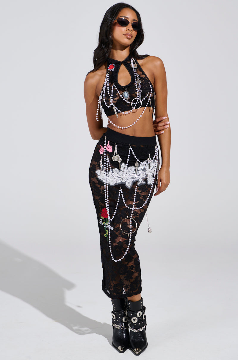 CONTROLLED CHAOS LACE MIDI SKIRT