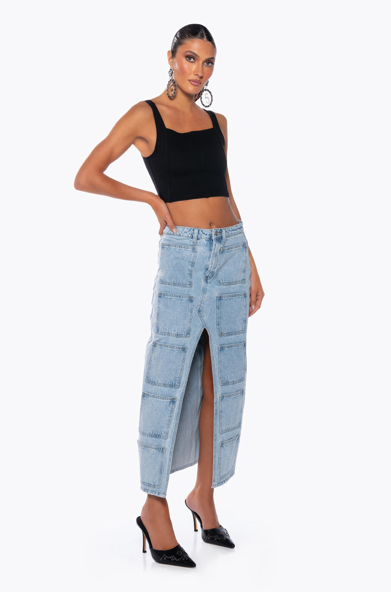 ANGELICA DENIM MIDI OPEN SLIT SKIRT