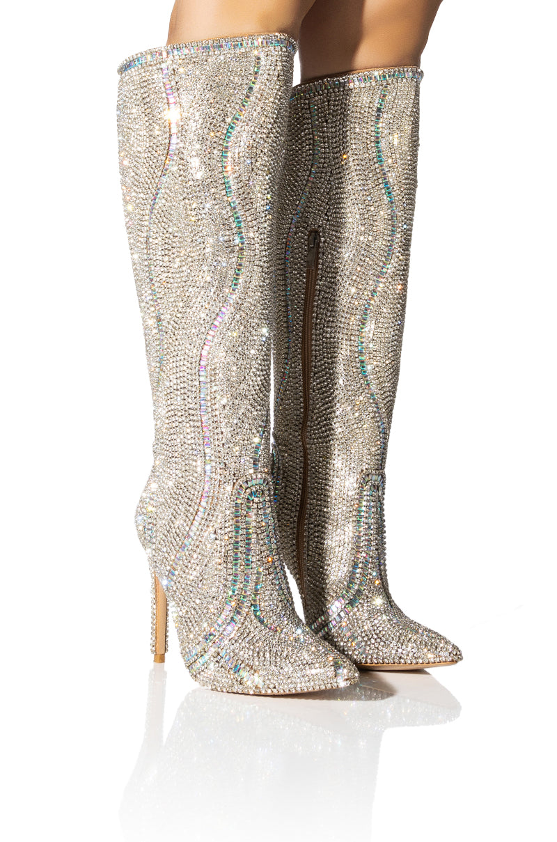 AZALEA WANG CLASSY EMBELLISHED SILVER BOOT