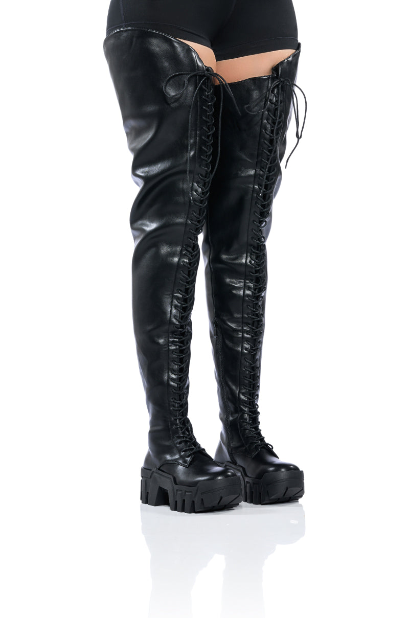 AZALEA WANG NATHAN THIGH HIGH LACE UP BOOT IN BLACK