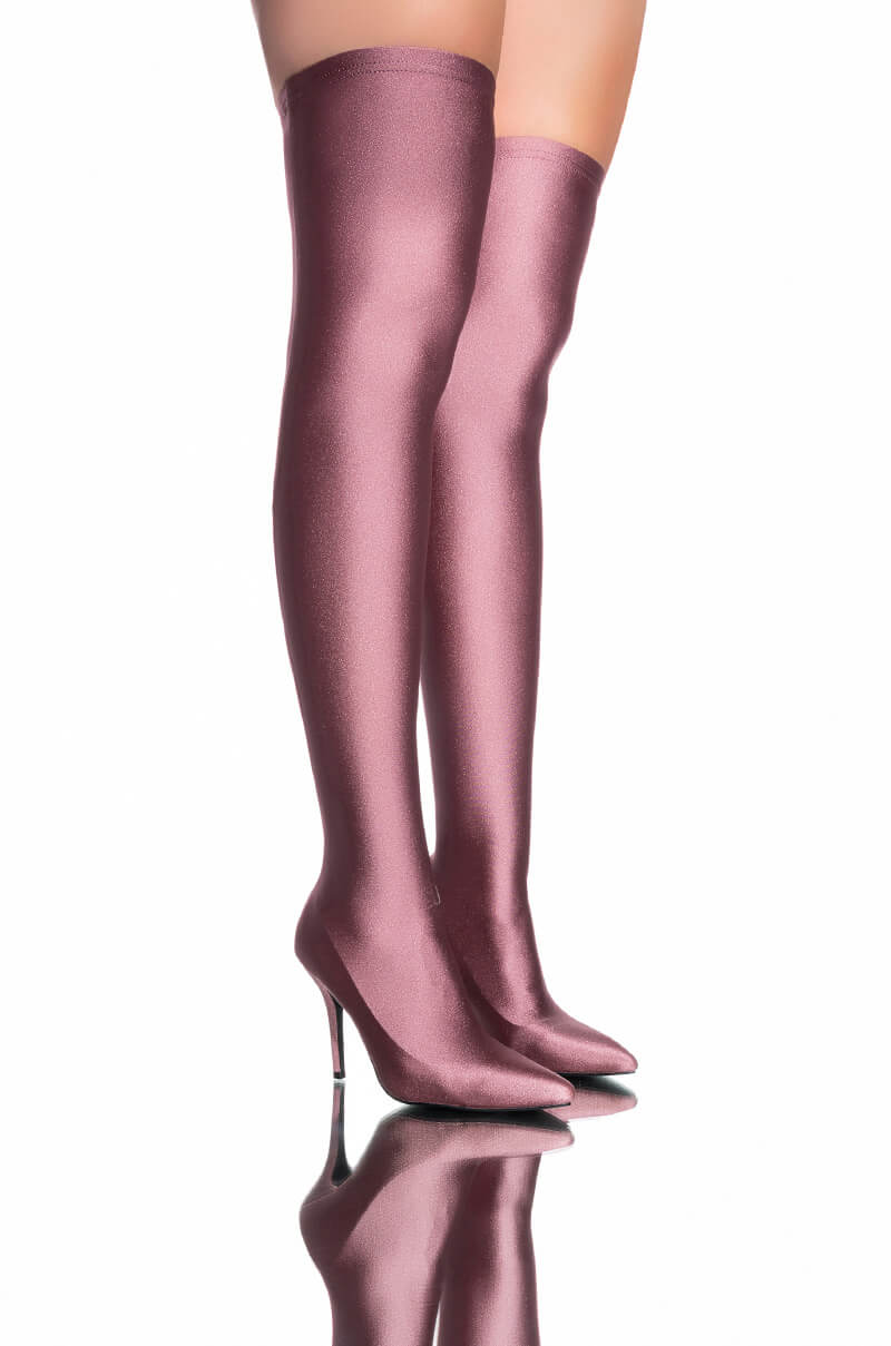 AZALEA WANG HEARTOUT THIGH HIGH STILETTO BOOT IN TAUPE STRETCH
