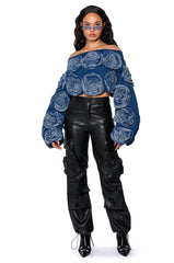 EASY DENIM OFF THE SHOULDER SWEATSHIRT