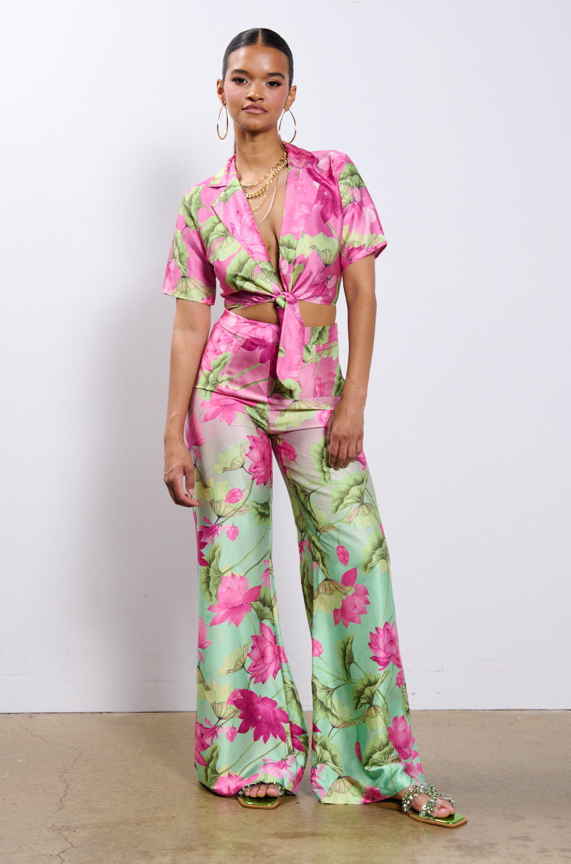 CATCH ME IN MIAMI PRINTED SATIN SHIRT