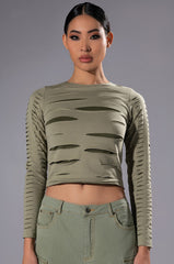 COME AROUND DISTRESSED LONG SLEEVE TOP