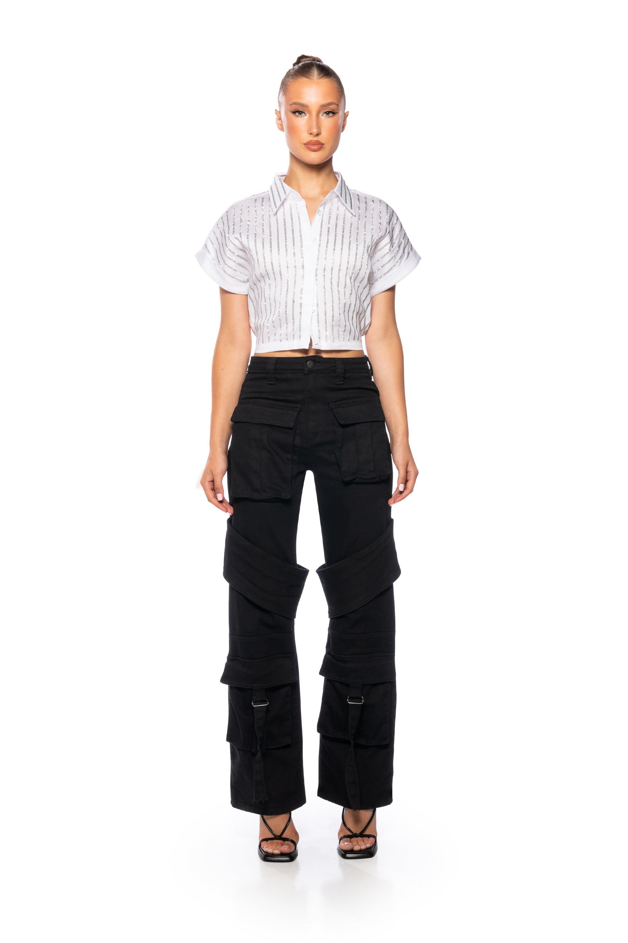 RHINESTONE STRIPE CROPPED BUTTON DOWN