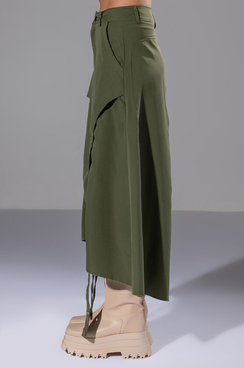 ON THE GO CINCHED OLIVE MIDI SKIRT
