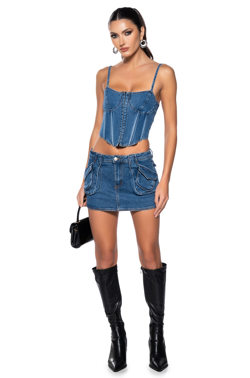 ON THE MOVE DENIM MINI SKIRT